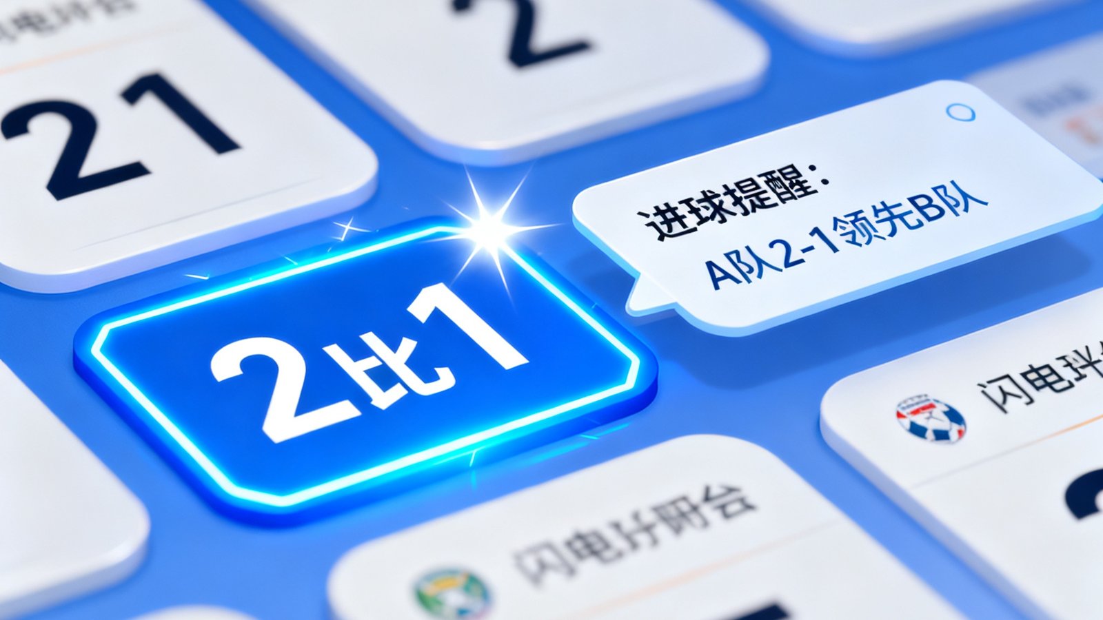 闪电比分系统界面，展示多场比赛的实时比分卡片排列，其中一场比赛的比分刚刚更新为2比1并带有高亮闪烁效果，旁边弹出进球提醒通知框