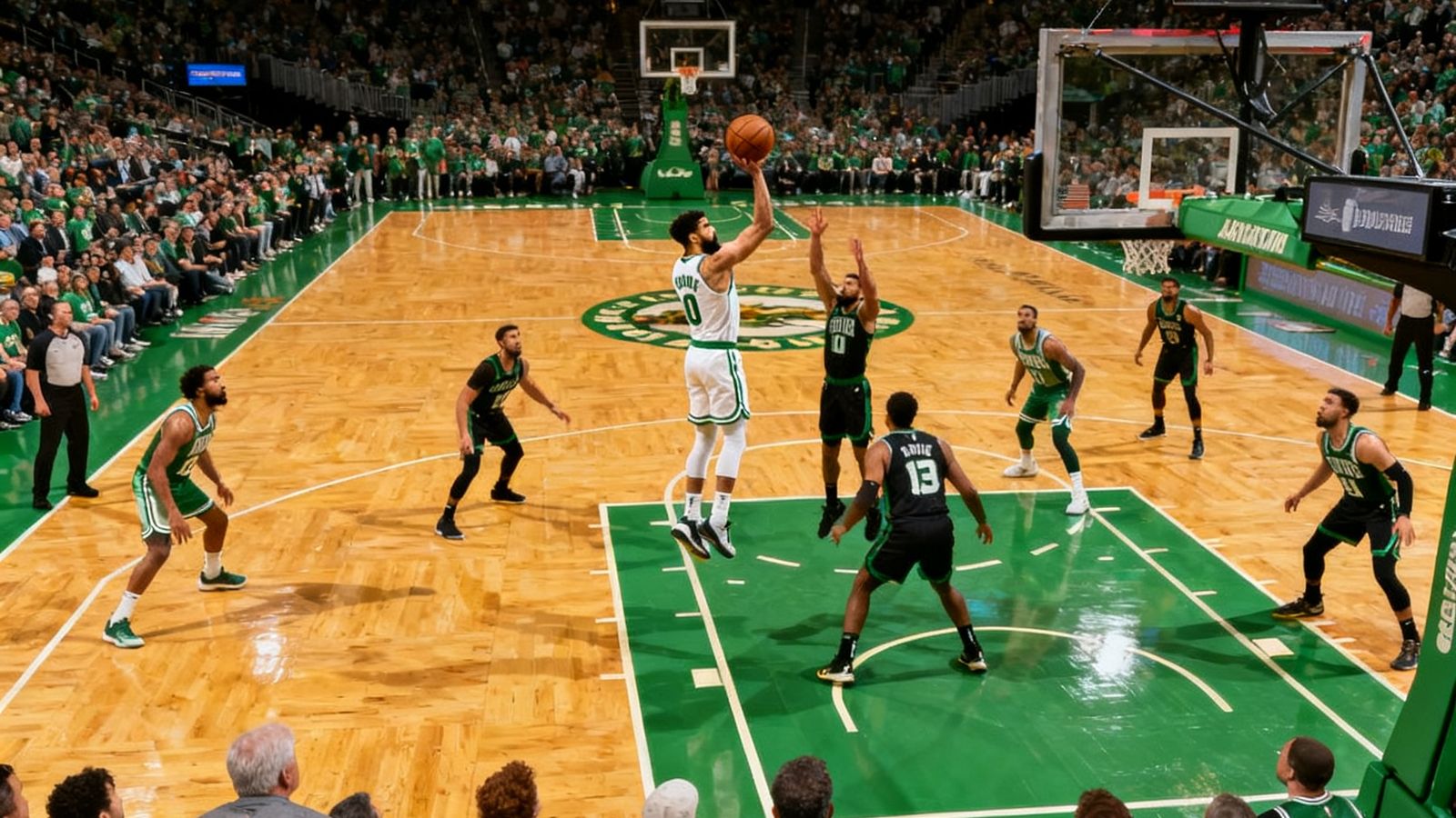 NBA东部决赛战报配图，塔图姆在比赛最后时刻面对防守投出关键三分，球馆内观众屏息凝视，计时器显示剩余2.1秒