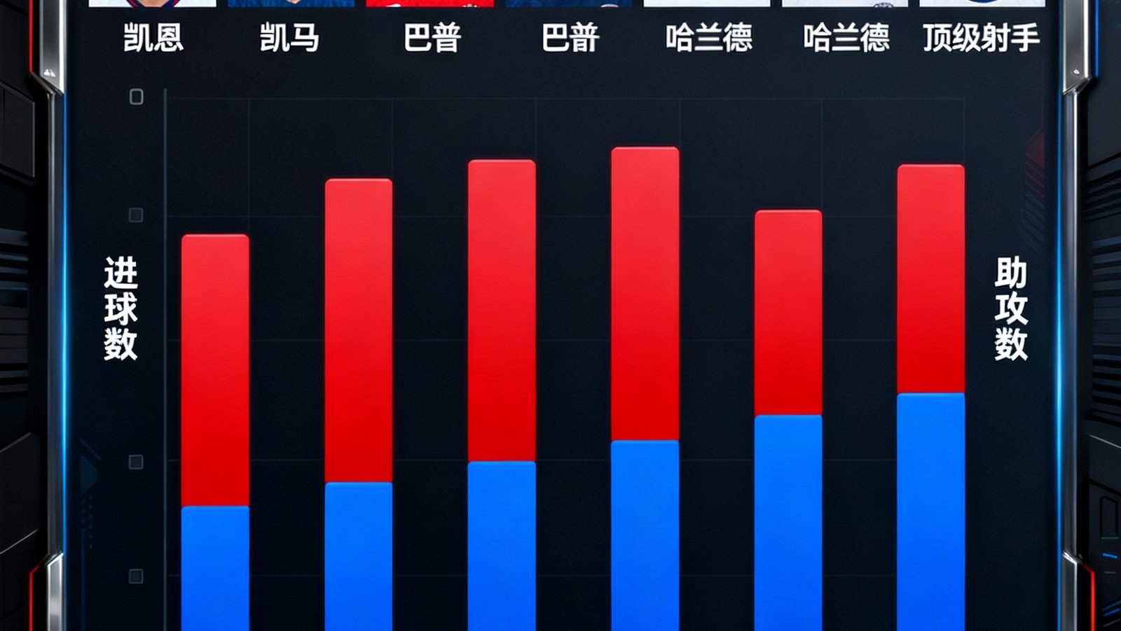 欧洲五大联赛射手榜数据可视化图表，顶部排列凯恩、姆巴佩、哈兰德等顶级射手头像，下方以柱状图对比各球员进球数与助攻数，背景为深色数据面板风格